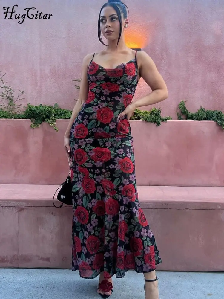 Hugcitar Chiffon Floral Print Slips Backless Sexy See Through Elegant Maxi Dress Spring  Women New Outfit Birthday Vacation