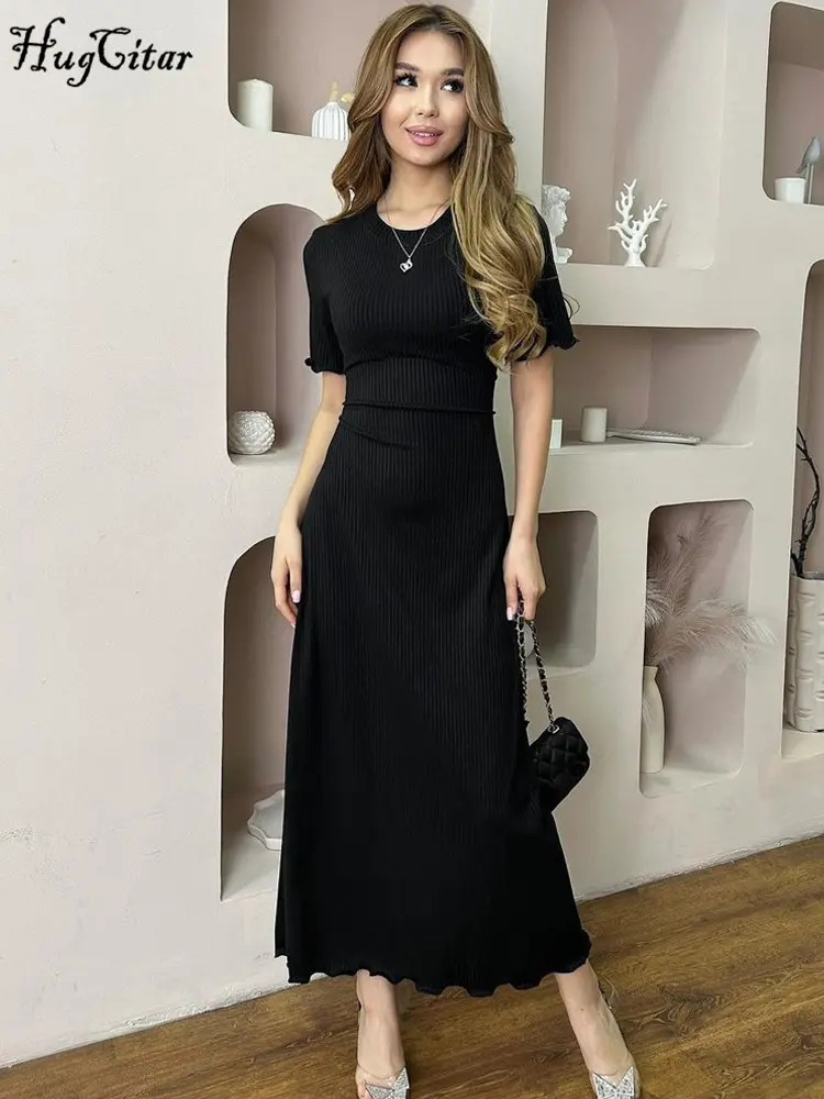 Hugcitar Elegant Women Solid O Neck Short Sleeve Lace Up Sexy Bodycon Maxi Dress Summer Women Y2K Outfit Birthday Party Festival