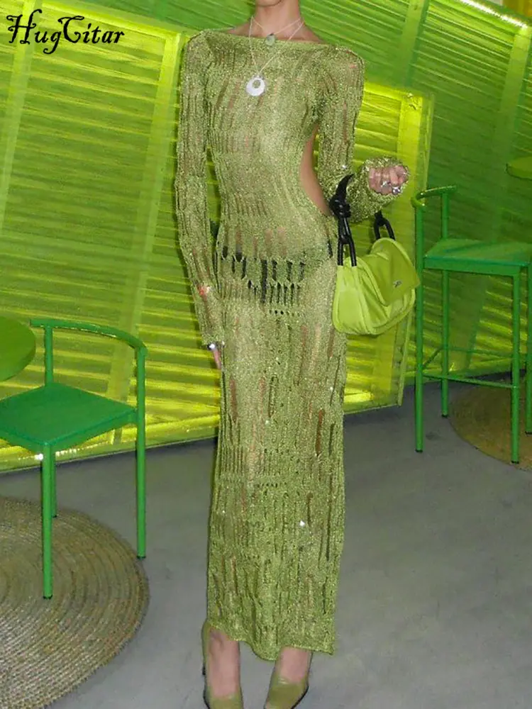 Hugcitar 2025 Knitted Long Sleeve Cut Out Backless Sexy See Through Maxi Dress Spring Summer Women Y2K Clothes Streetwear Party