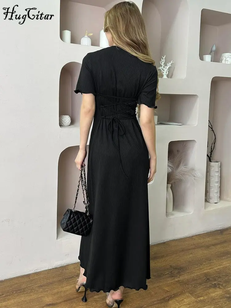 Hugcitar Elegant Women Solid O Neck Short Sleeve Lace Up Sexy Bodycon Maxi Dress Summer Women Y2K Outfit Birthday Party Festival