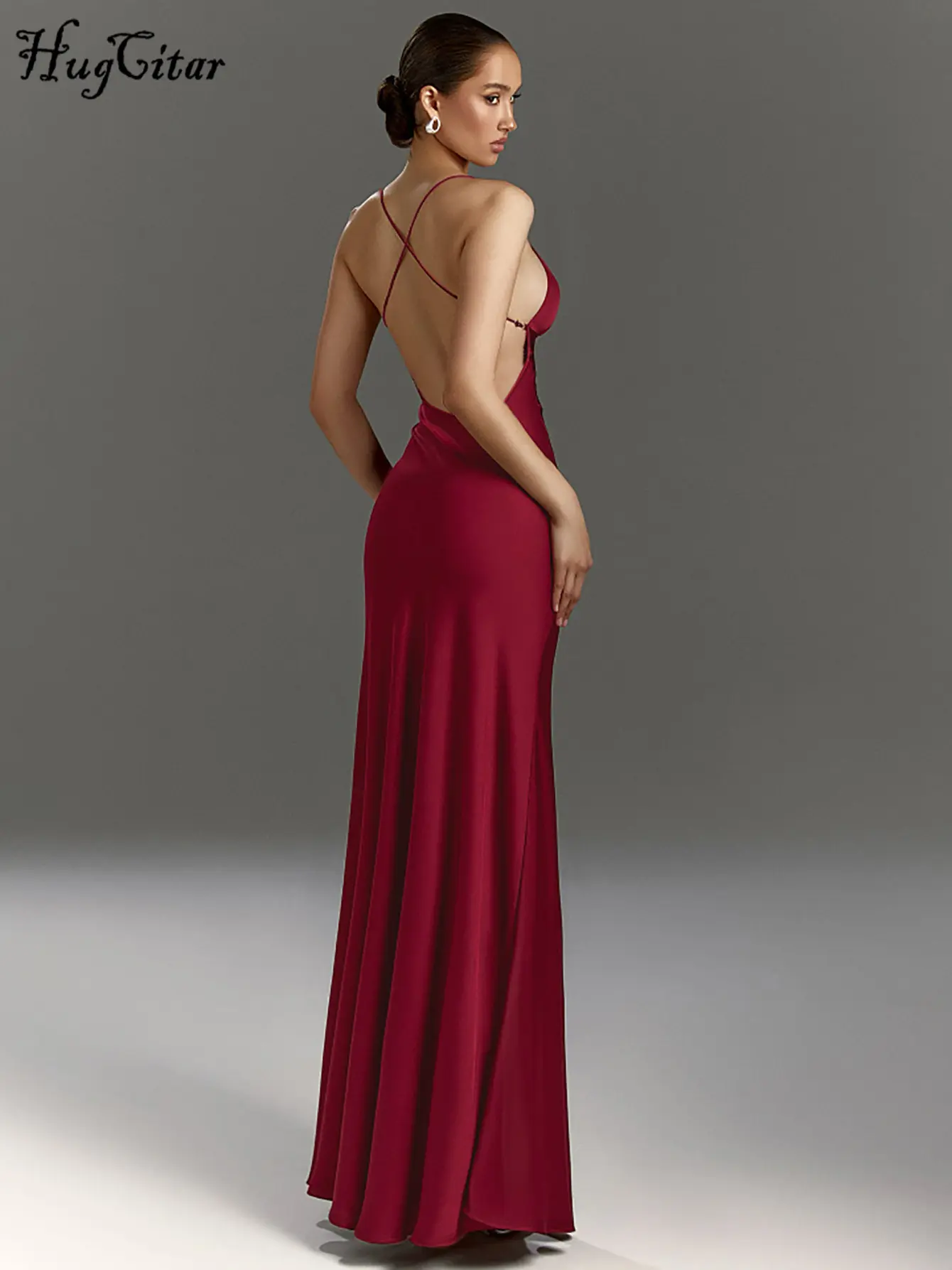 Hugcitar Elegant V Neck Solid Slips Backless Sexy Slit Maxi Prom Dress 2025 Summer Fashion Women Clothes Evening Party Vacation