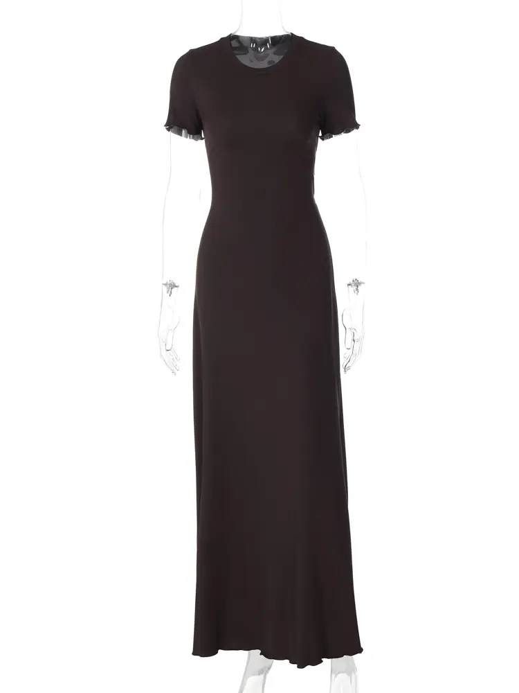 Hugcitar Elegant Women Solid O Neck Short Sleeve Lace Up Sexy Bodycon Maxi Dress Summer Women Y2K Outfit Birthday Party Festival