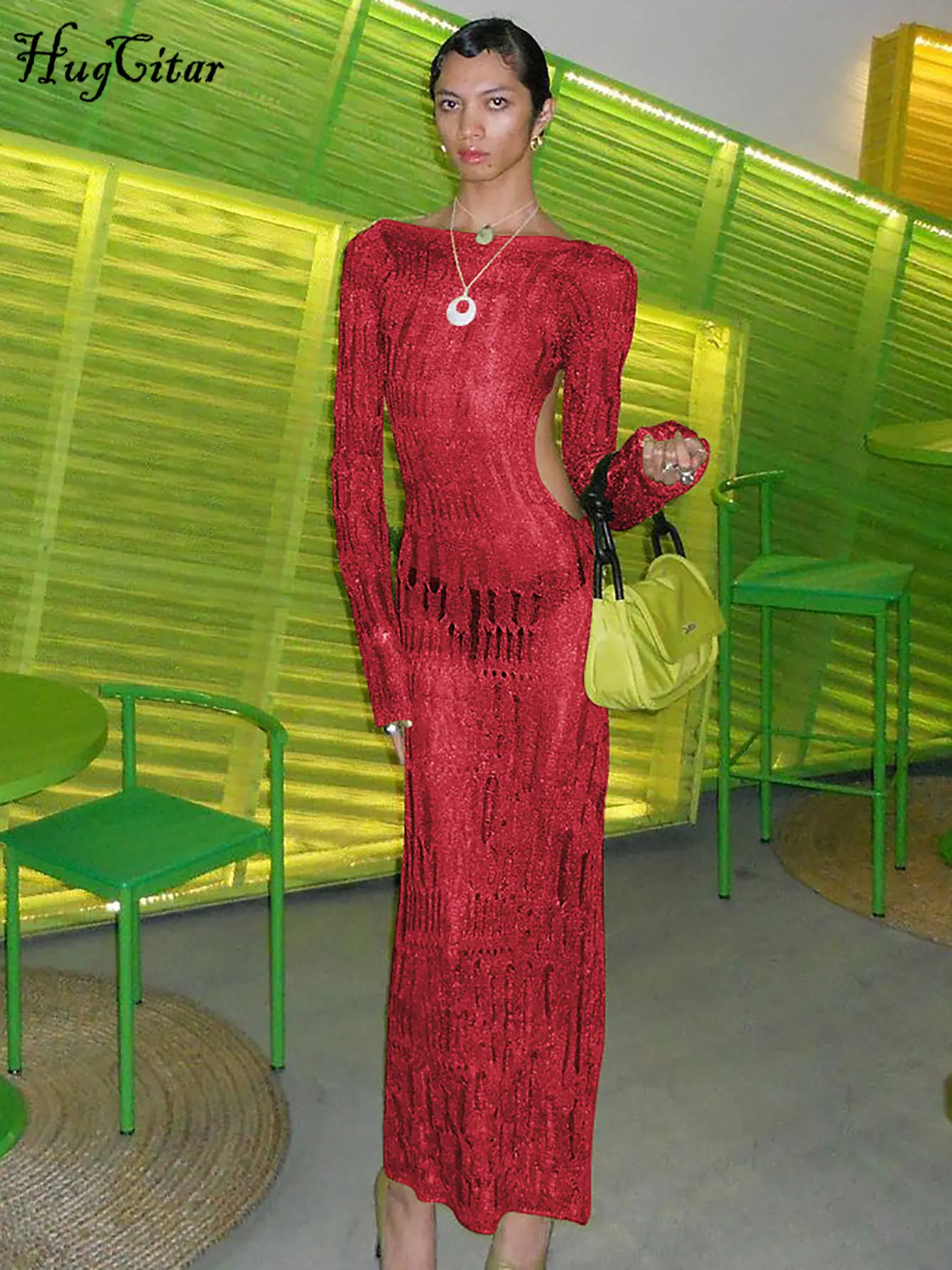 Hugcitar 2025 Knitted Long Sleeve Cut Out Backless Sexy See Through Maxi Dress Spring Summer Women Y2K Clothes Streetwear Party