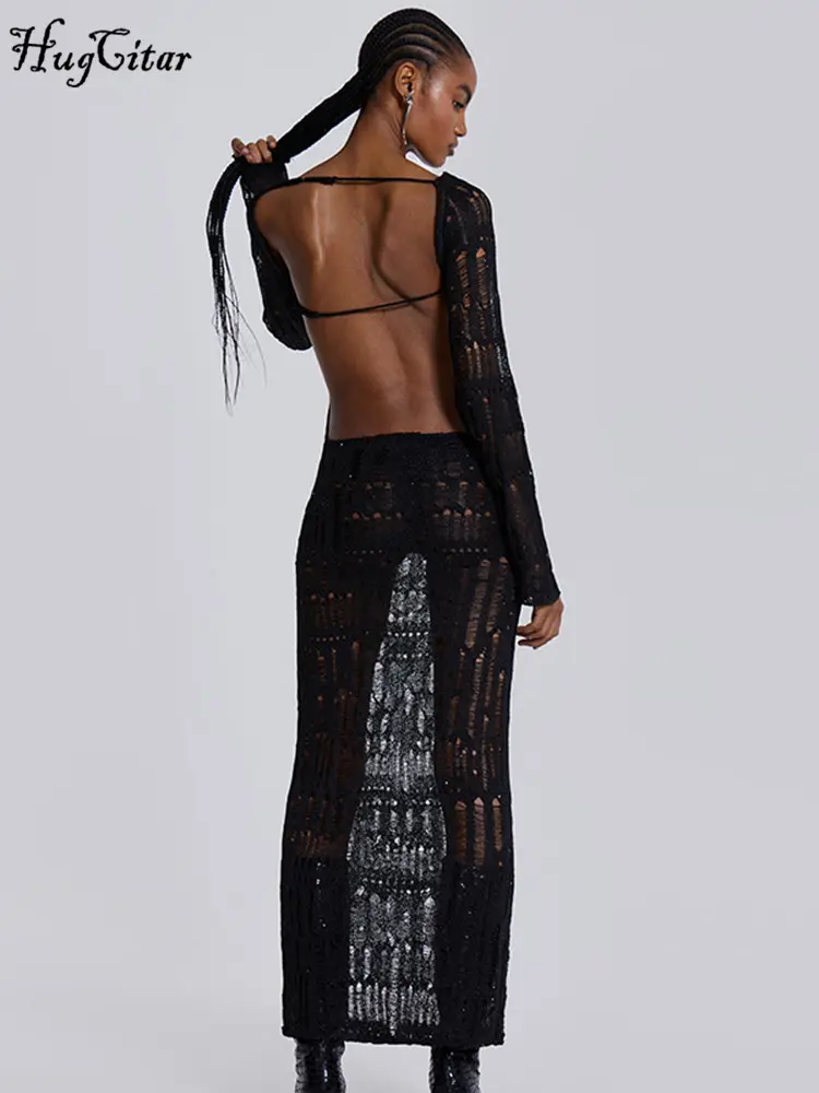 Hugcitar 2025 Knitted Long Sleeve Cut Out Backless Sexy See Through Maxi Dress Spring Summer Women Y2K Clothes Streetwear Party