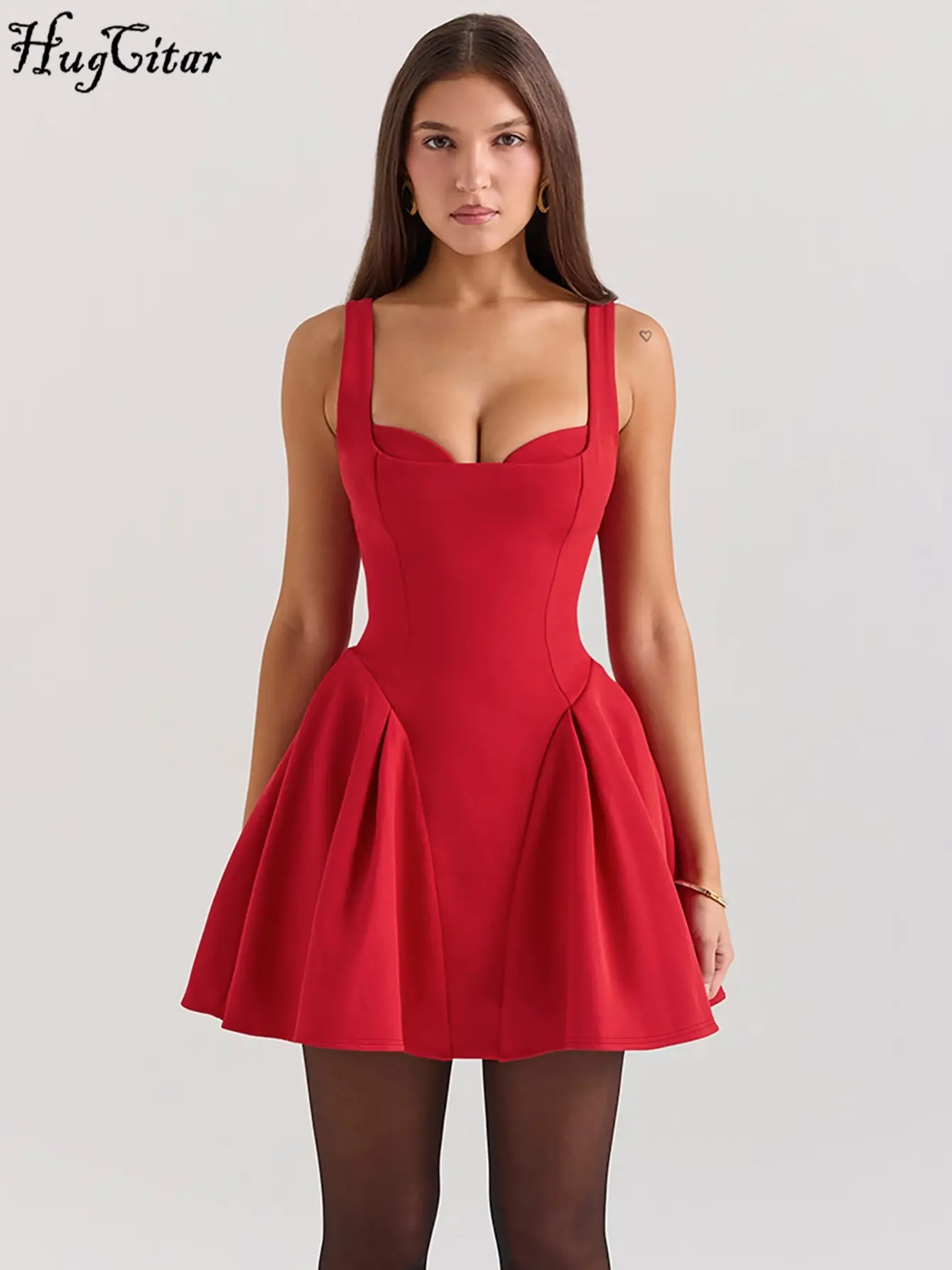 Hugcitar Women Elegant Straps Solid Zipper Sexy Pleated Slim Mini Dress 2025 Summer Fashion Clothes Evening Party Birthday Y2K