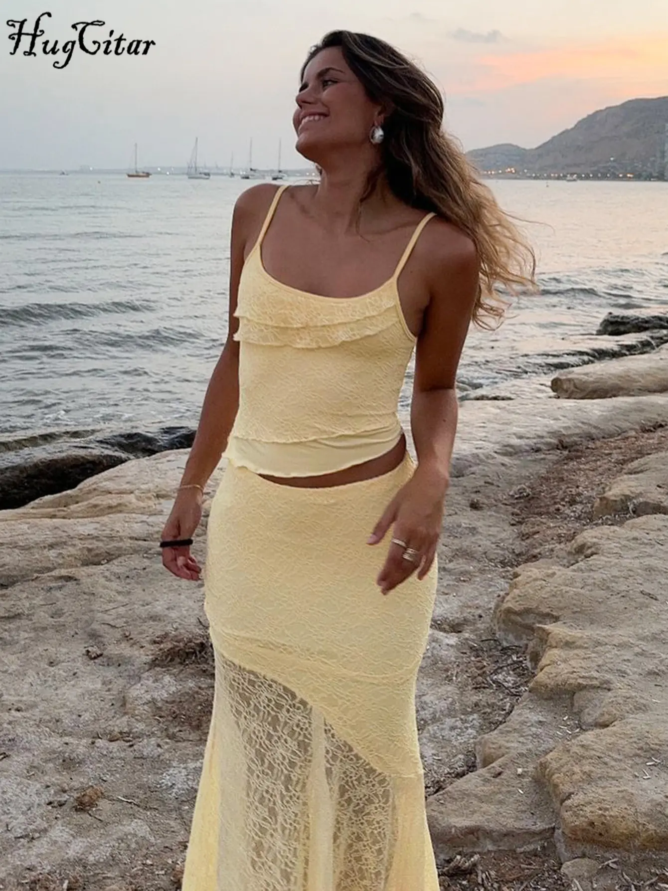 Hugcitar Fashion 2 Pcs Sets Ruffles Solid Sexy Crop Camis Top Patchwork Lace Maxi Skirt Irregular Y2K Women Outfit Bach Vacation