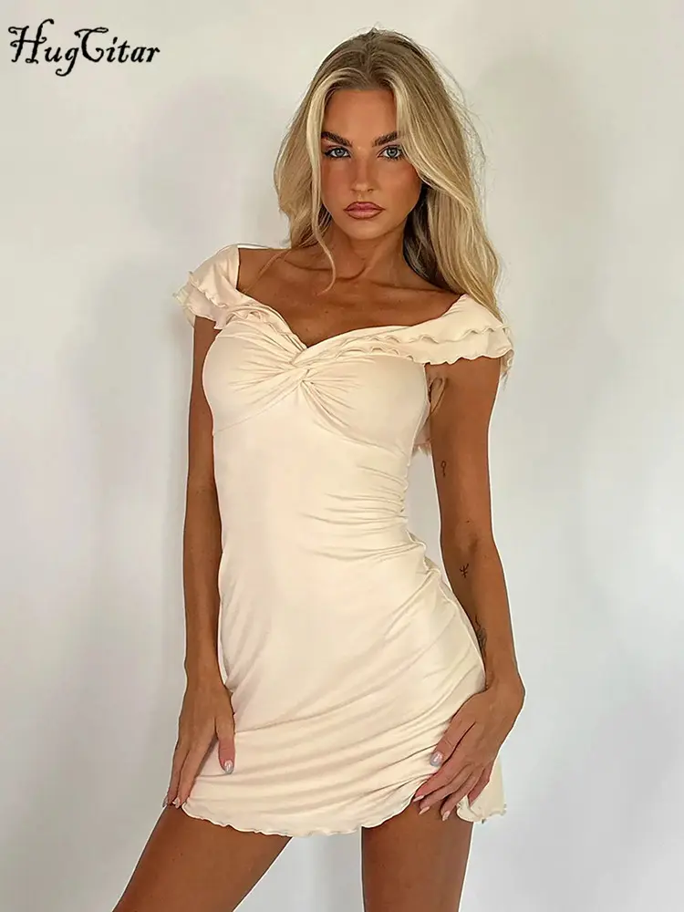 Hugcitar 2024 Straps V Neck Solid Sleeveless Backless Sexy Elegant Slim Mini Dress Summer Women Outfits Birthday Party Festival