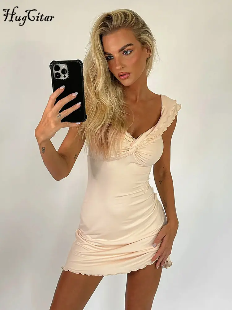 Hugcitar 2024 Straps V Neck Solid Sleeveless Backless Sexy Elegant Slim Mini Dress Summer Women Outfits Birthday Party Festival