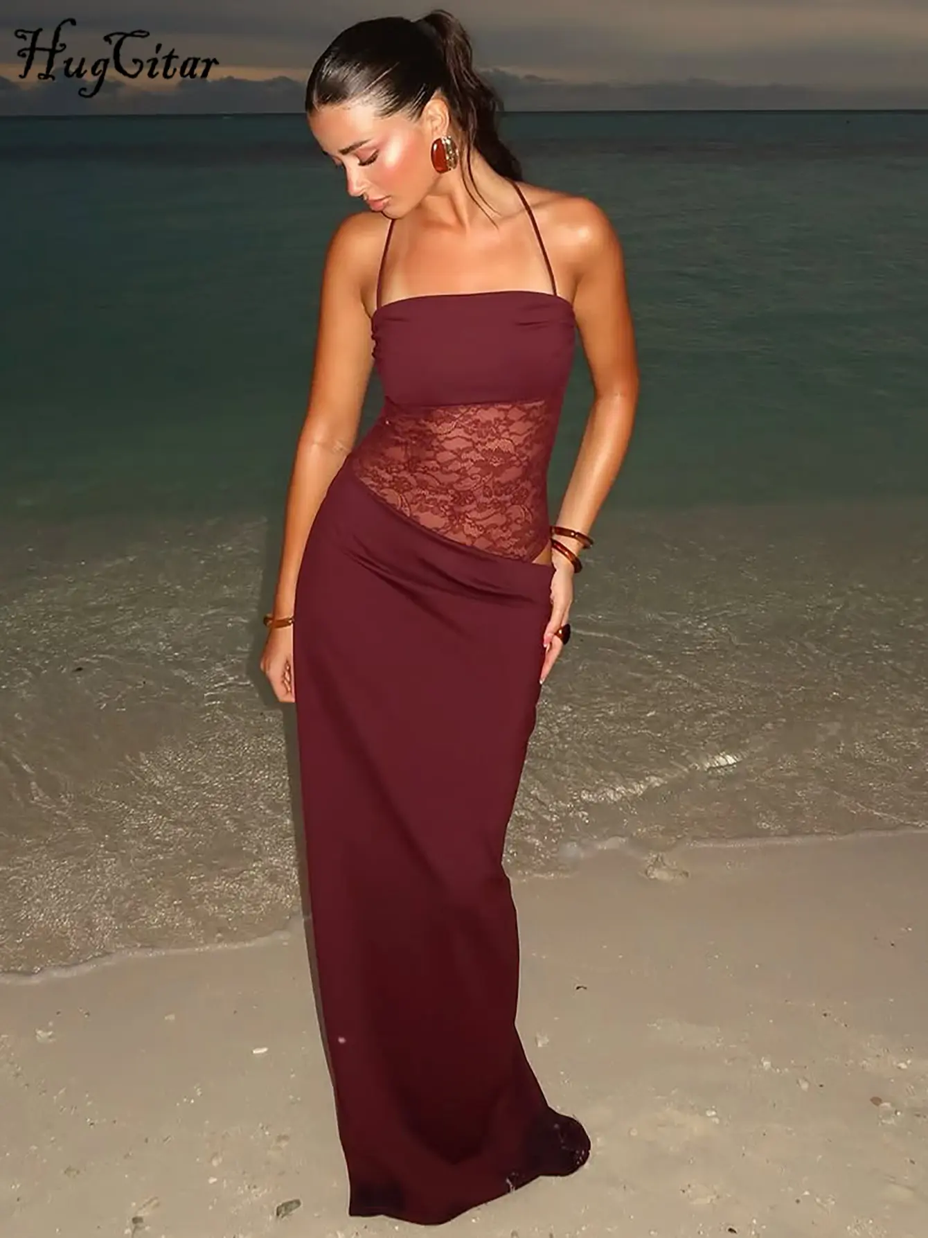 Hugcitar Fashion Slips Patchwork Lace Sexy See Through Hollow Out Bandage Solid Maxi Dress Summer Women Beach Vacation Outfit