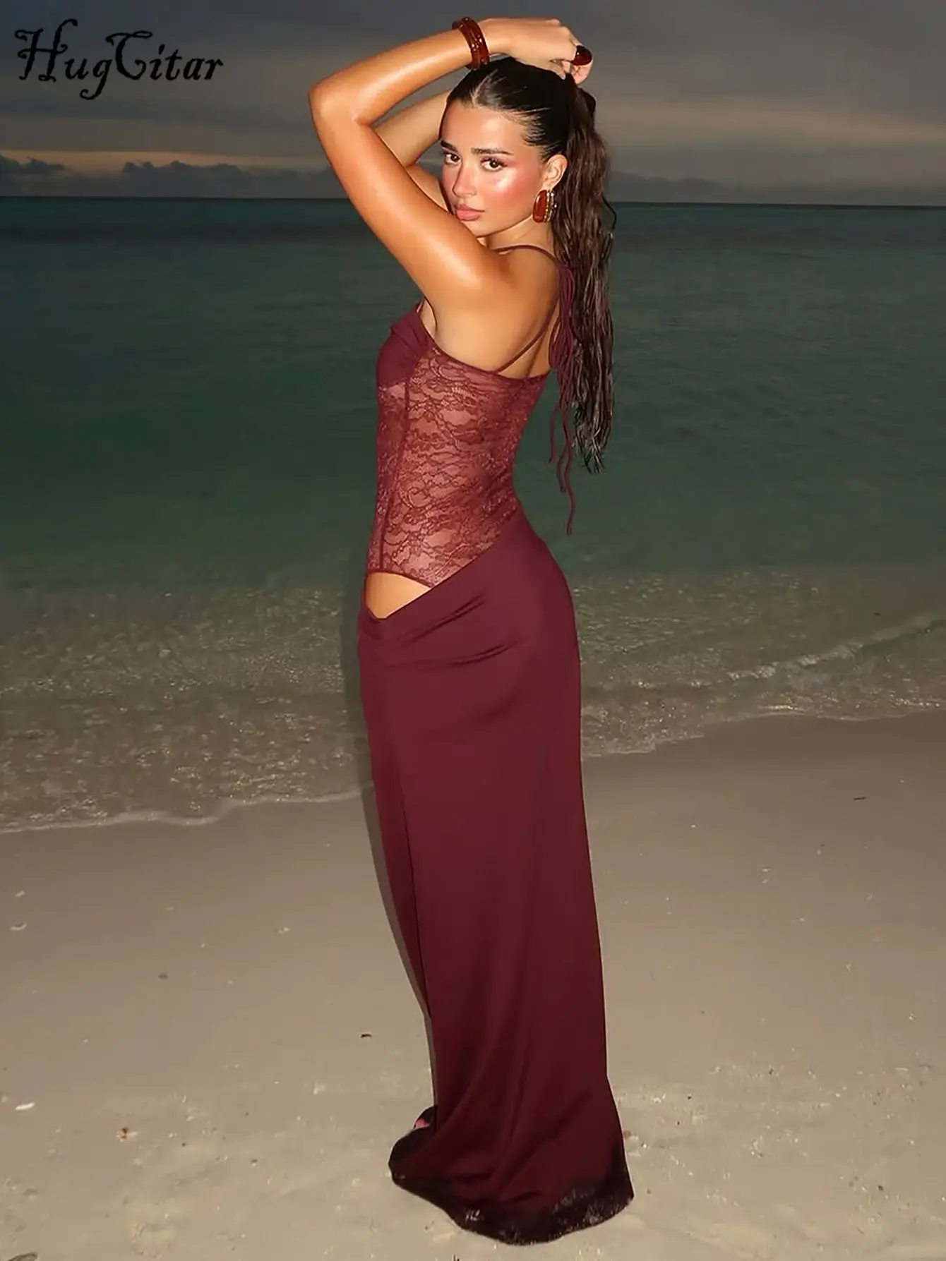 Hugcitar Fashion Slips Patchwork Lace Sexy See Through Hollow Out Bandage Solid Maxi Dress Summer Women Beach Vacation Outfit