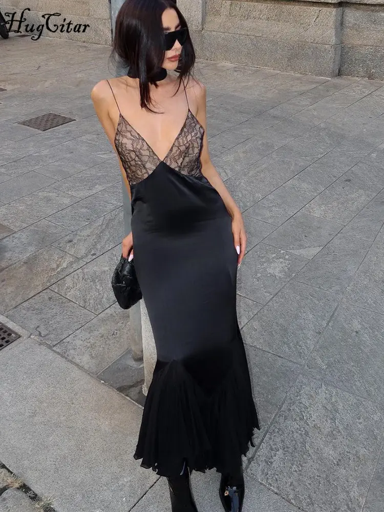 Hugcitar Summer Satin Black Elegant V Neck Slip Print Patchwork Pleated Sexy Bodycon Maxi Dress Women Clothes Beach Nightclub