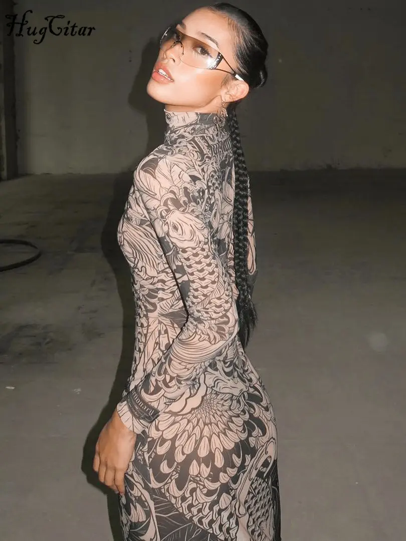 Hugcitar Graphic Print Turtleneck Long Sleeve Sexy Bodycon Maxi Dress 2023 Fall Winter Women Fashion Party Vacation Y2K Clothes