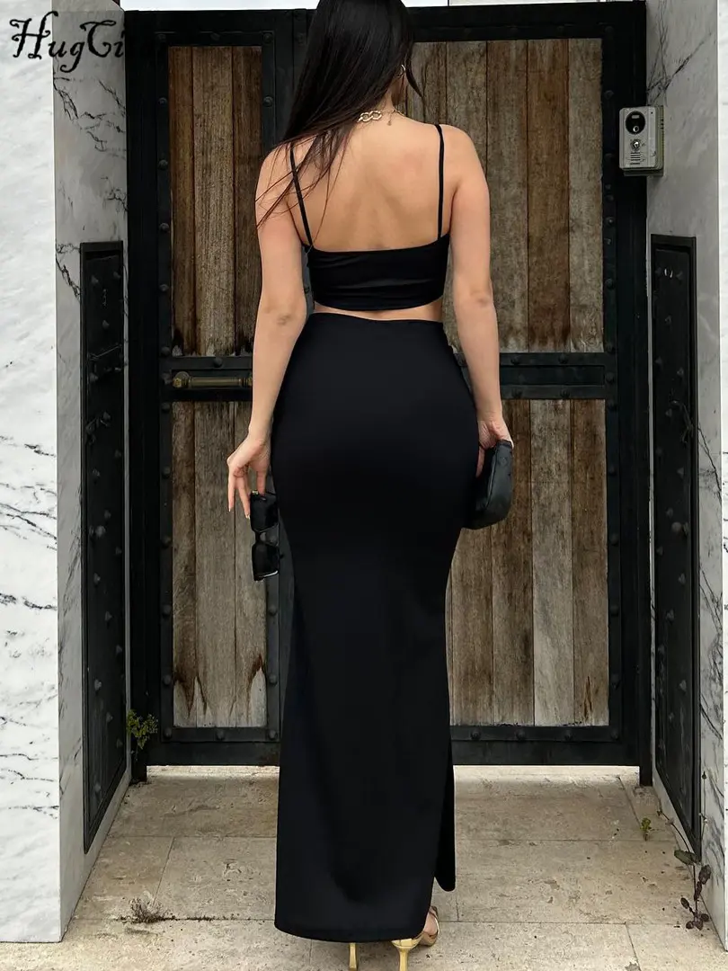 Hugcitar Casual 2 Piece Sets Solid Draped Cute Sexy Slim Crop Camis Maxi Skirt Summer Women Y2K Outfits Beach Vacation Party