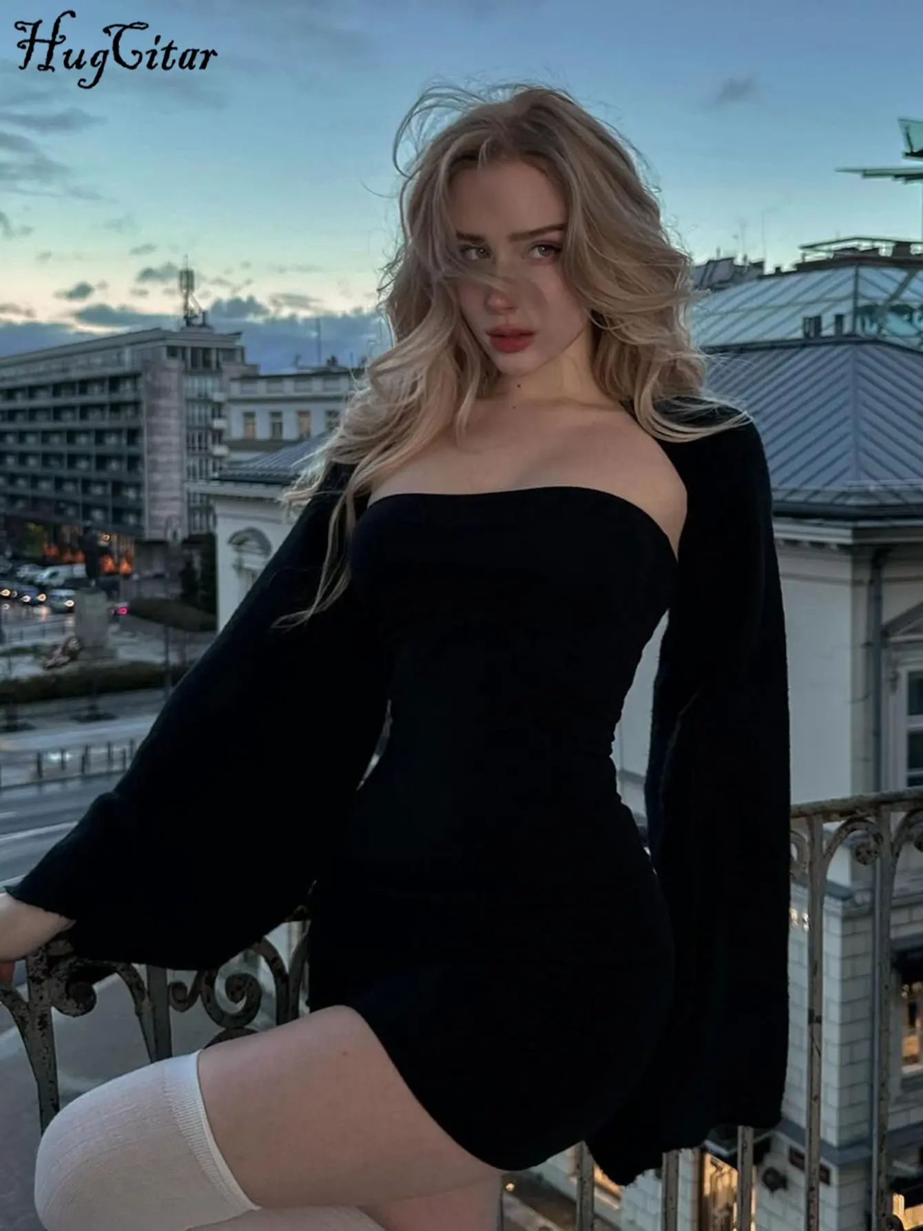Hugcitar Elegant Black Square Collar Long Sleeve Backless Sexy Bodycon Maxi Prom Dress Fall Winter Women Clothes Party Festival