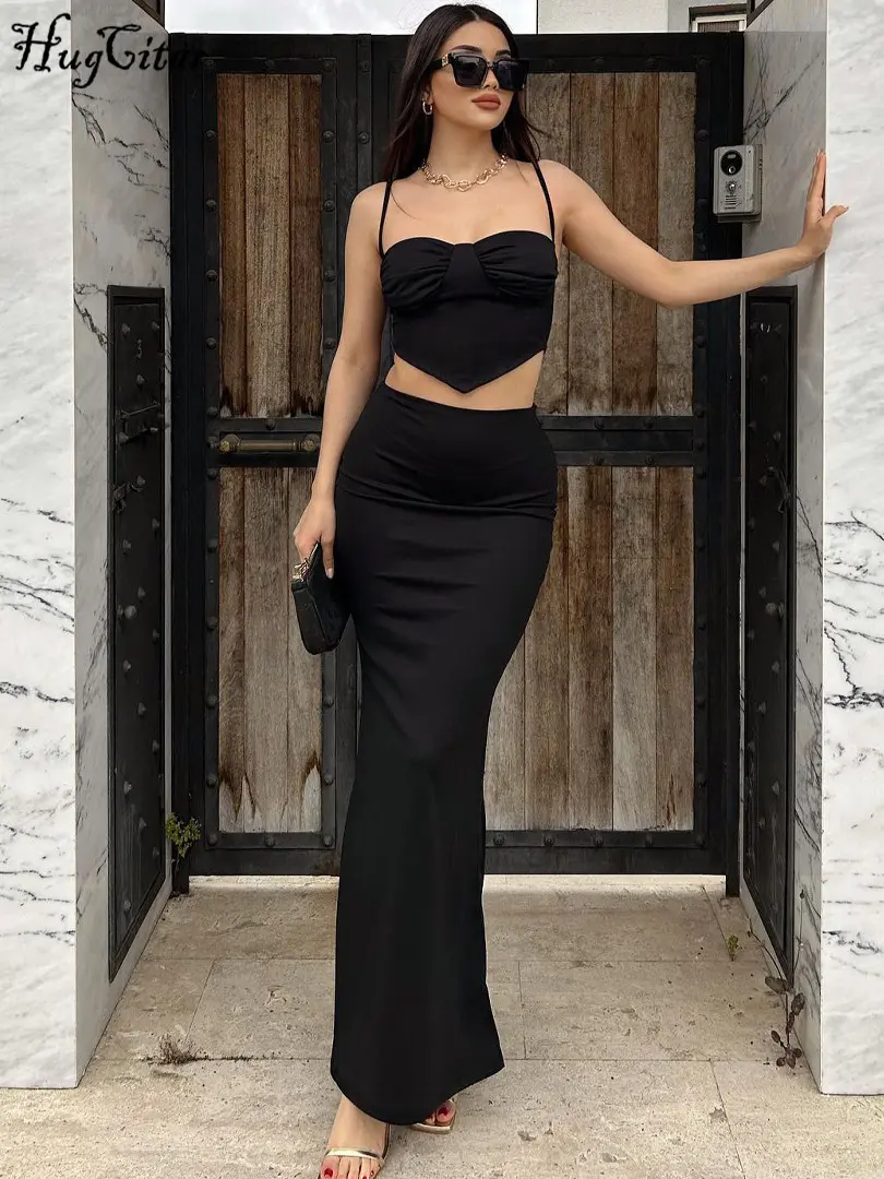 Hugcitar Casual 2 Piece Sets Solid Draped Cute Sexy Slim Crop Camis Maxi Skirt Summer Women Y2K Outfits Beach Vacation Party