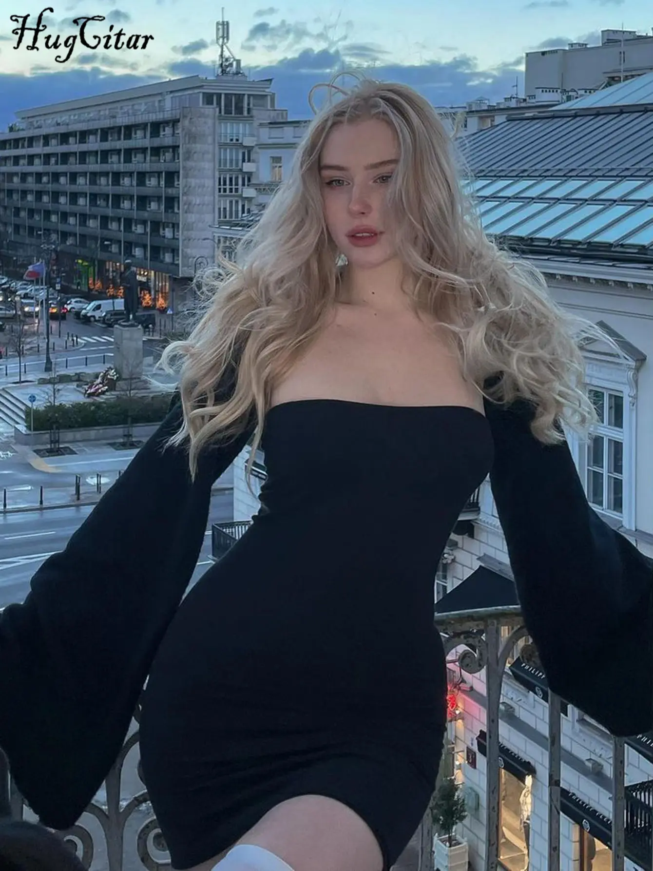 Hugcitar Elegant Black Square Collar Long Sleeve Backless Sexy Bodycon Maxi Prom Dress Fall Winter Women Clothes Party Festival