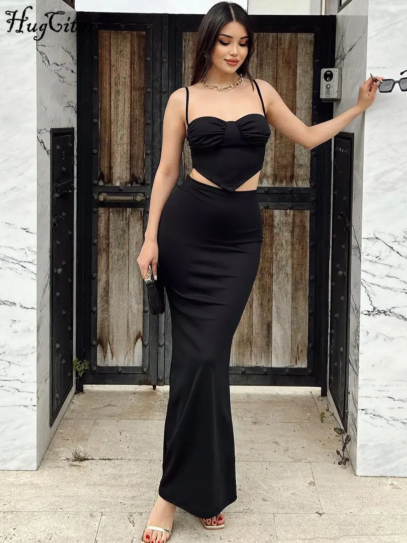 Hugcitar Casual 2 Piece Sets Solid Draped Cute Sexy Slim Crop Camis Maxi Skirt Summer Women Y2K Outfits Beach Vacation Party
