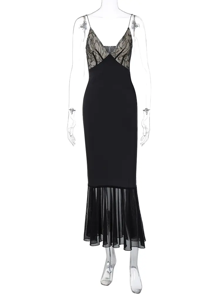 Hugcitar Summer Satin Black Elegant V Neck Slip Print Patchwork Pleated Sexy Bodycon Maxi Dress Women Clothes Beach Nightclub