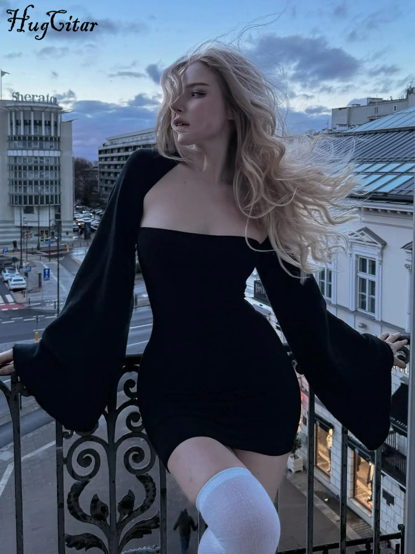 Hugcitar Elegant Black Square Collar Long Sleeve Backless Sexy Bodycon Maxi Prom Dress Fall Winter Women Clothes Party Festival