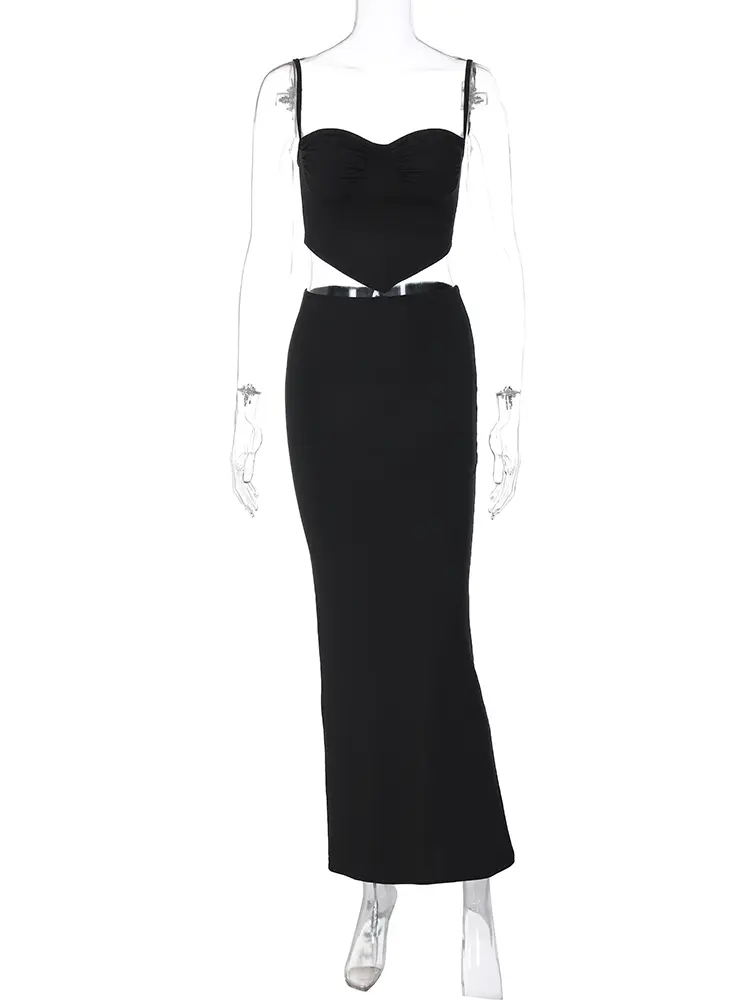 Hugcitar Casual 2 Piece Sets Solid Draped Cute Sexy Slim Crop Camis Maxi Skirt Summer Women Y2K Outfits Beach Vacation Party