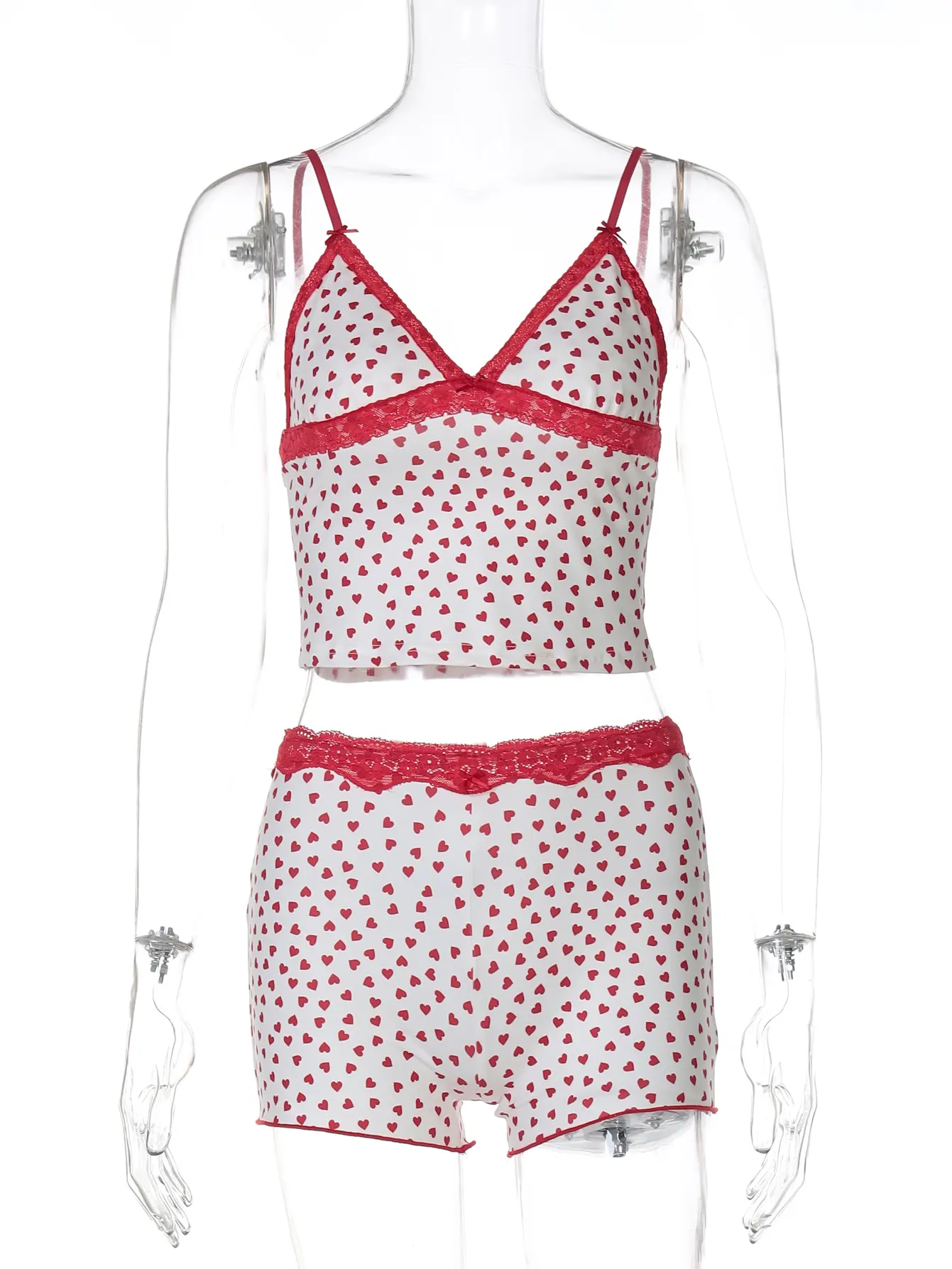 Hugcitar Heart Print 2 Pieces Sets Tie Bow Patchwork Lace Sexy Crop Camis Top Shorts Fashion Summer Vacation Outfits Sport Yoga