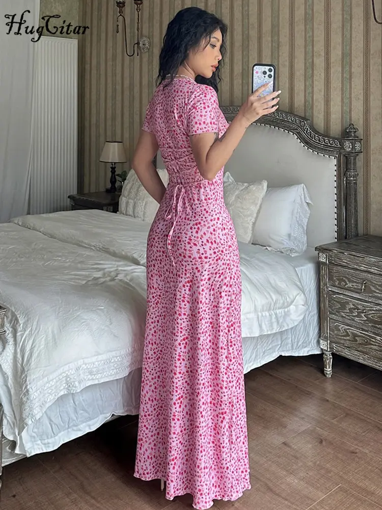 Hugcitar Ribbed Floral Print Square Collar Short Sleeve Sexy Bandage Maxi Dress Summer Elegant Women Vacation Y2K Outfit Party