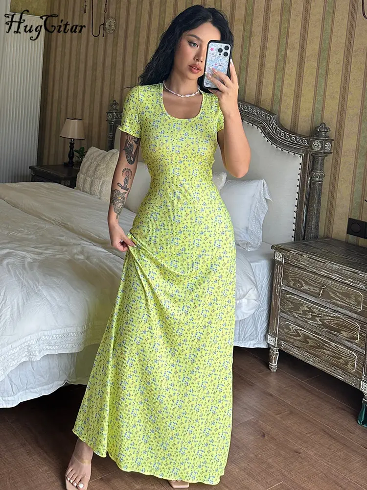 Hugcitar Ribbed Floral Print Square Collar Short Sleeve Sexy Bandage Maxi Dress Summer Elegant Women Vacation Y2K Outfit Party