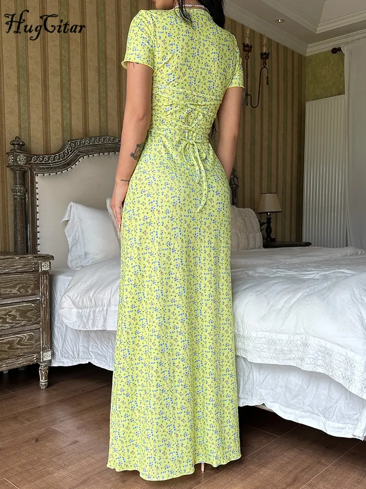 Hugcitar Ribbed Floral Print Square Collar Short Sleeve Sexy Bandage Maxi Dress Summer Elegant Women Vacation Y2K Outfit Party