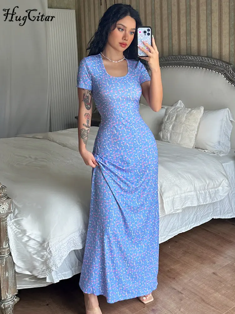 Hugcitar Ribbed Floral Print Square Collar Short Sleeve Sexy Bandage Maxi Dress Summer Elegant Women Vacation Y2K Outfit Party