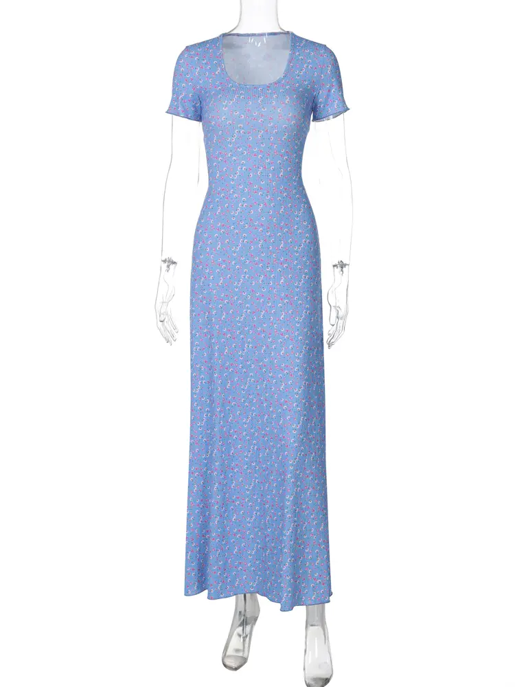 Hugcitar Ribbed Floral Print Square Collar Short Sleeve Sexy Bandage Maxi Dress Summer Elegant Women Vacation Y2K Outfit Party