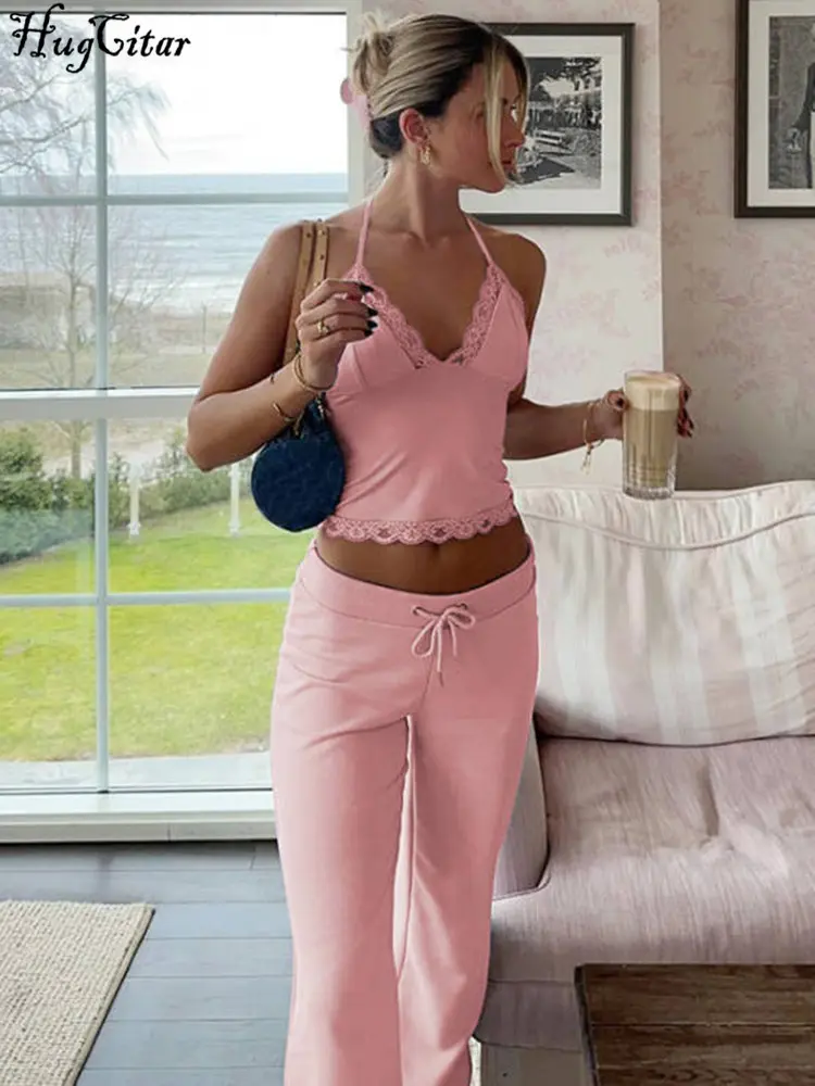Hugcitar 2024 Casual 2 Pcs Sets Halter Solid Patchwork Bandage Sexy Crop Camis Drawstring Flare Pants Y2K Outfit Party Festival