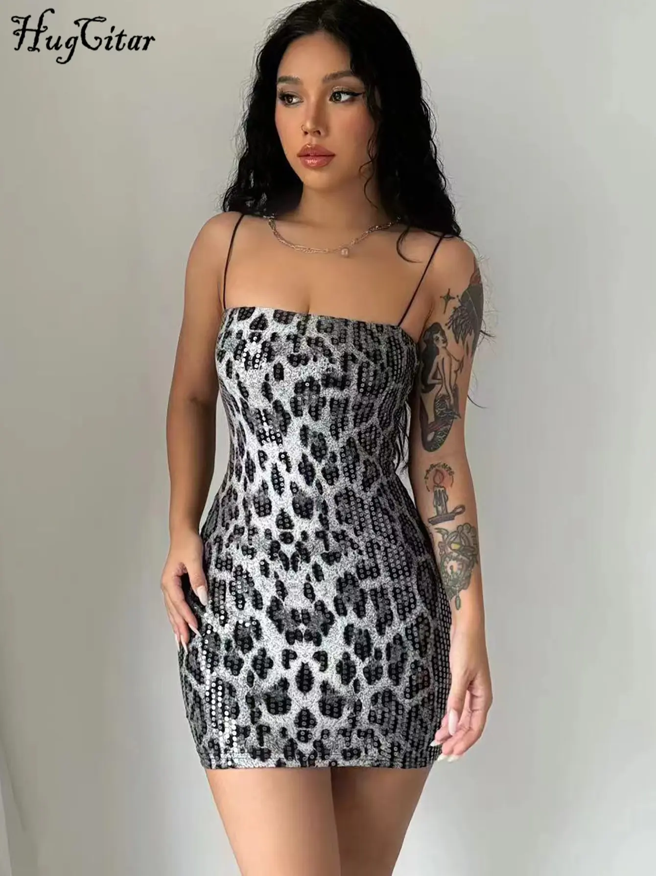 Hugcitar Leopard Print Sequins Slip Sleeveless Sexy Slim Maxi Prom Dress 2025 Summer Women Fashion Clothes Party Festival Club