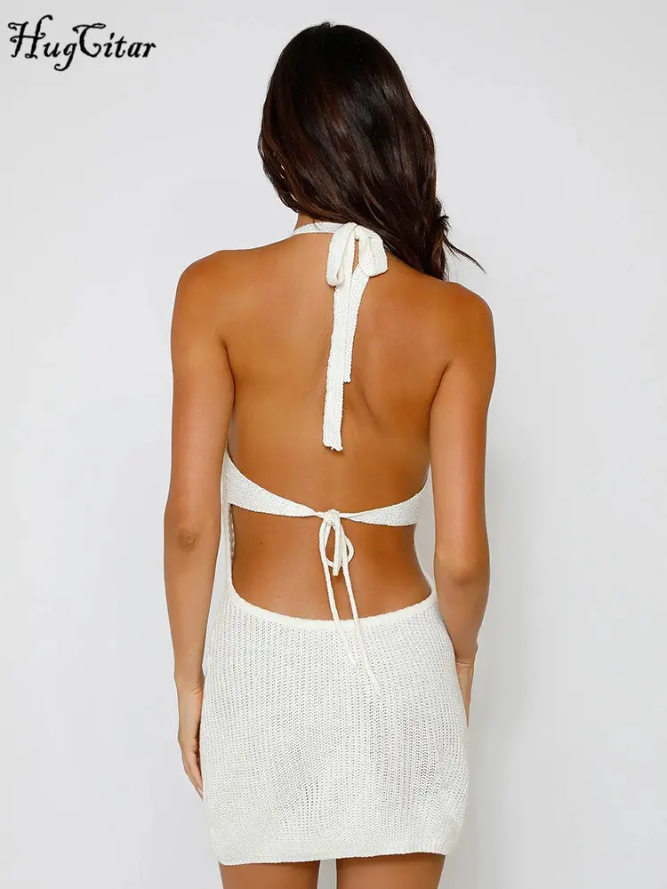 Hugcitar 2024 Knitted Halter Sleeveless Backless Cut Out Bandage See Through Mini Dress Women Fashion Outfit Beach Vacation Club