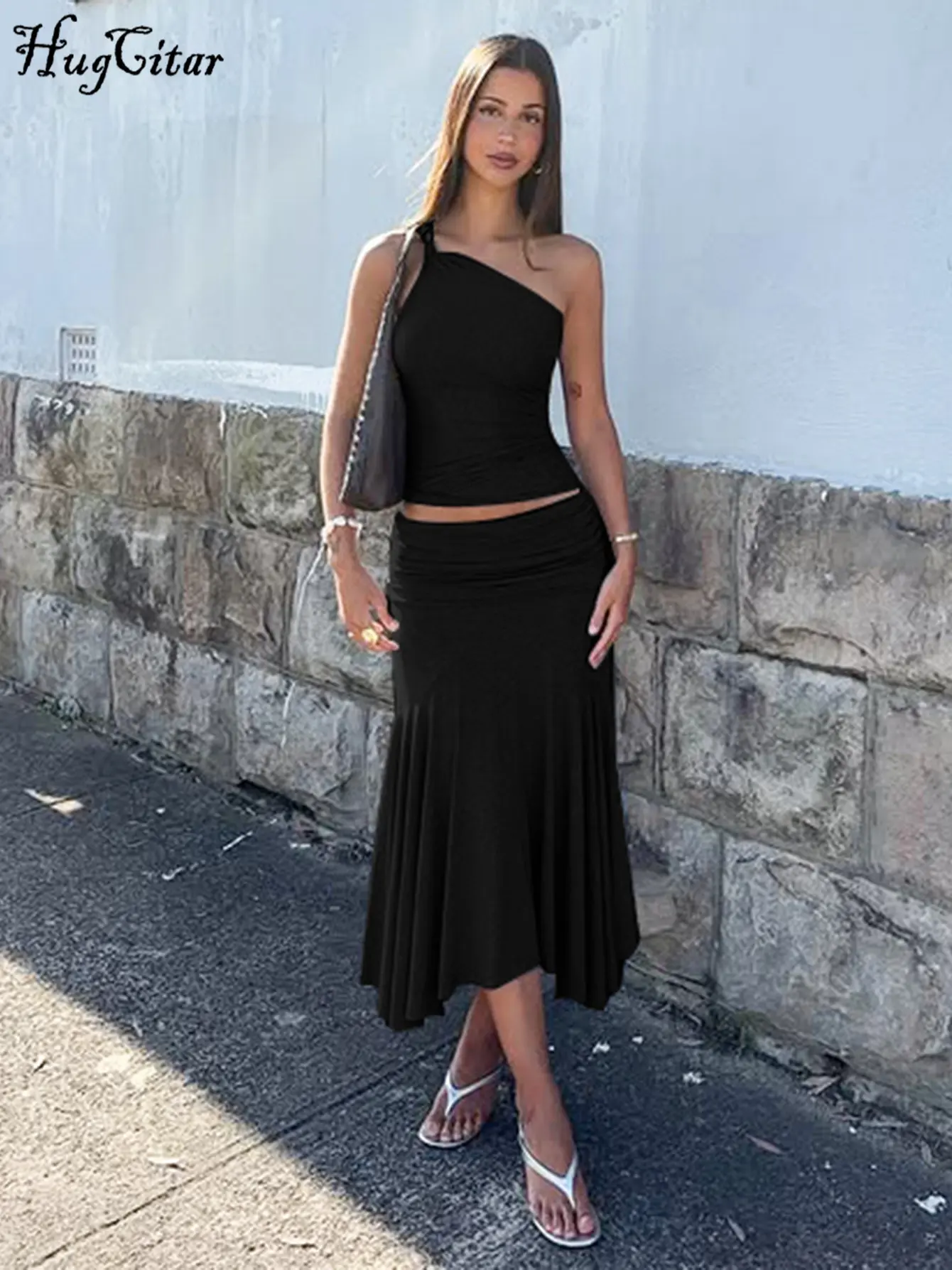 Hugcitar Casual 2 Pcs Sets One Shoulder Knot Solid Sexy Crop Tank Top Ruched Maxi Skirt Slim Women Outfits Streetwear Vacation