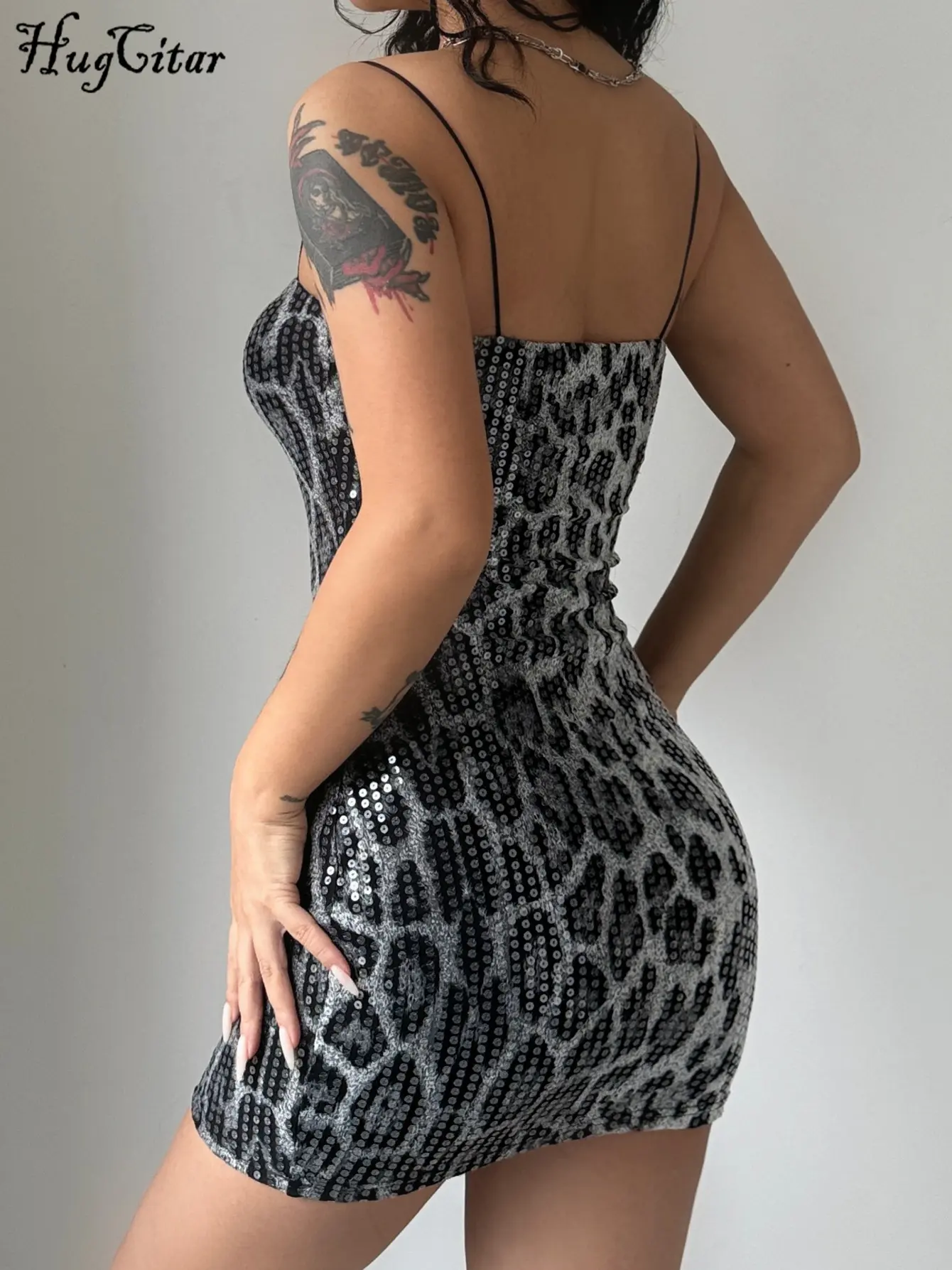 Hugcitar Leopard Print Sequins Slip Sleeveless Sexy Slim Maxi Prom Dress 2025 Summer Women Fashion Clothes Party Festival Club