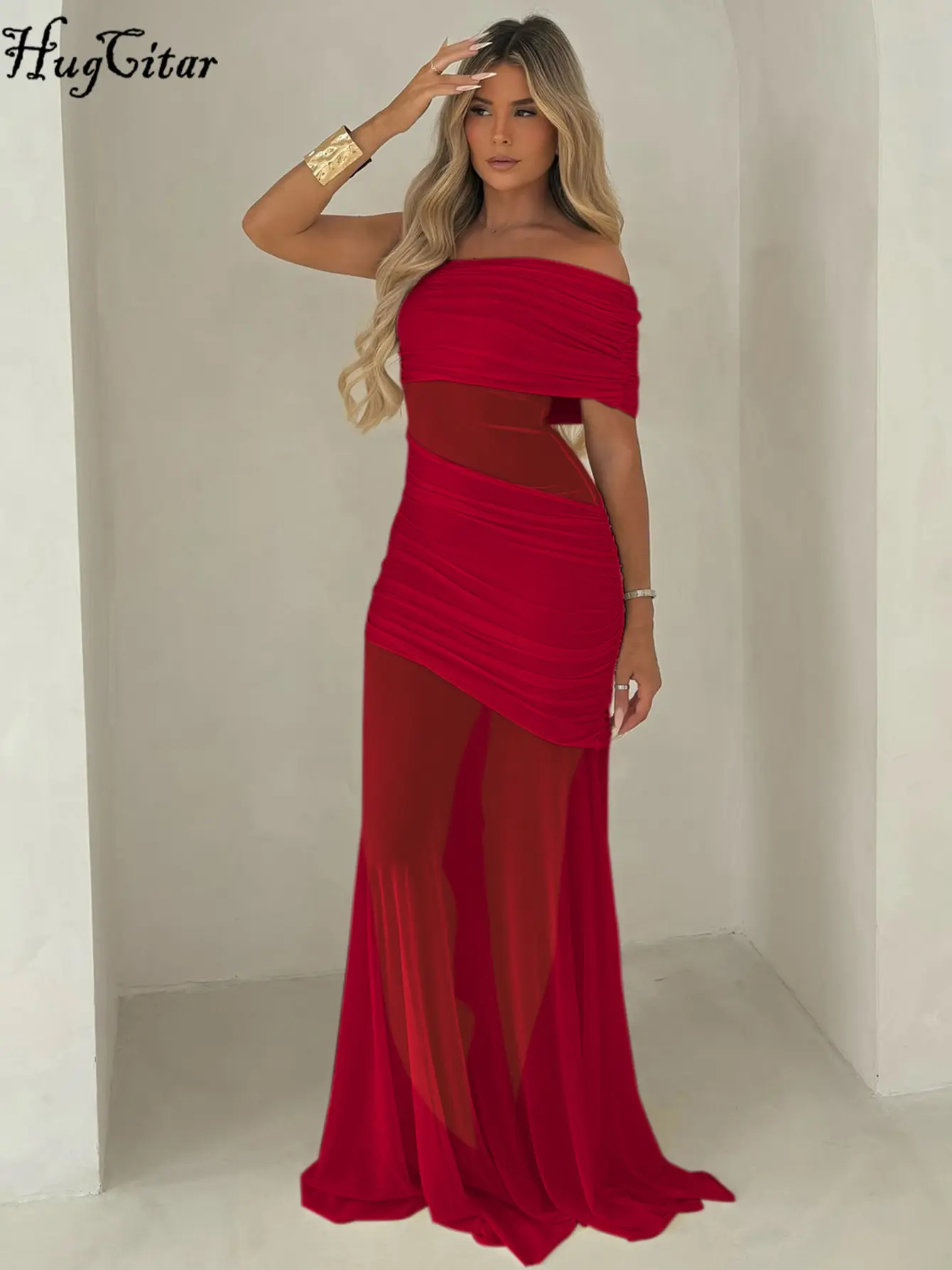 Hugcitar Fashion One Shoulder Ruched Sexy Patchwork Lace Solid Sheer Slim Maxi Dress Summer Women Beach Vacation Y2K Outfit Club