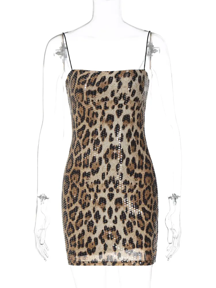 Hugcitar Leopard Print Sequins Slip Sleeveless Sexy Slim Maxi Prom Dress 2025 Summer Women Fashion Clothes Party Festival Club
