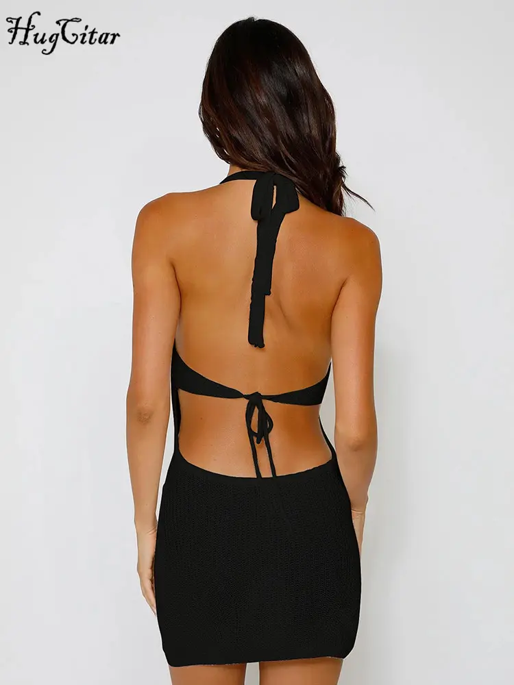 Hugcitar 2024 Knitted Halter Sleeveless Backless Cut Out Bandage See Through Mini Dress Women Fashion Outfit Beach Vacation Club