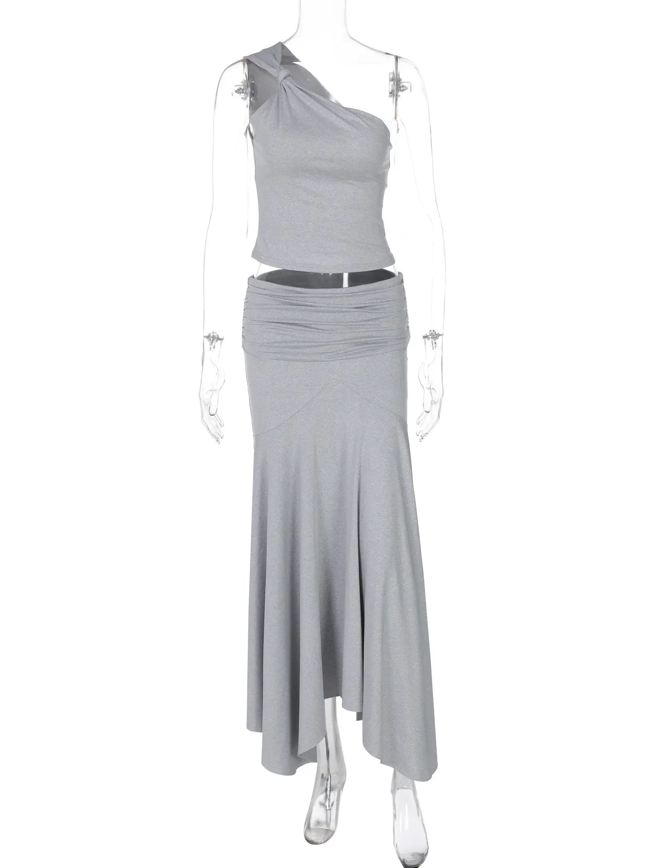 Hugcitar Casual 2 Pcs Sets One Shoulder Knot Solid Sexy Crop Tank Top Ruched Maxi Skirt Slim Women Outfits Streetwear Vacation