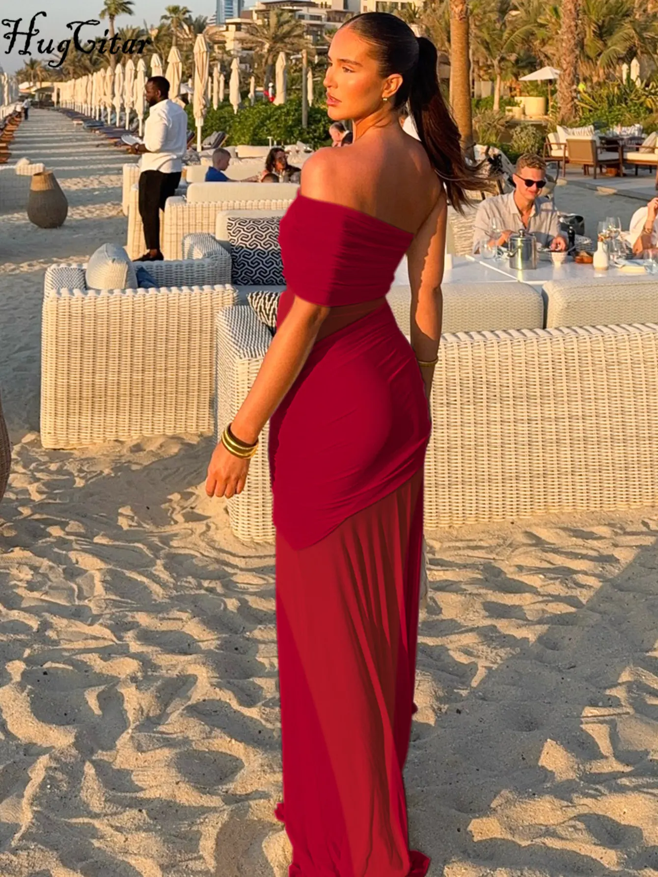 Hugcitar Fashion One Shoulder Ruched Sexy Patchwork Lace Solid Sheer Slim Maxi Dress Summer Women Beach Vacation Y2K Outfit Club
