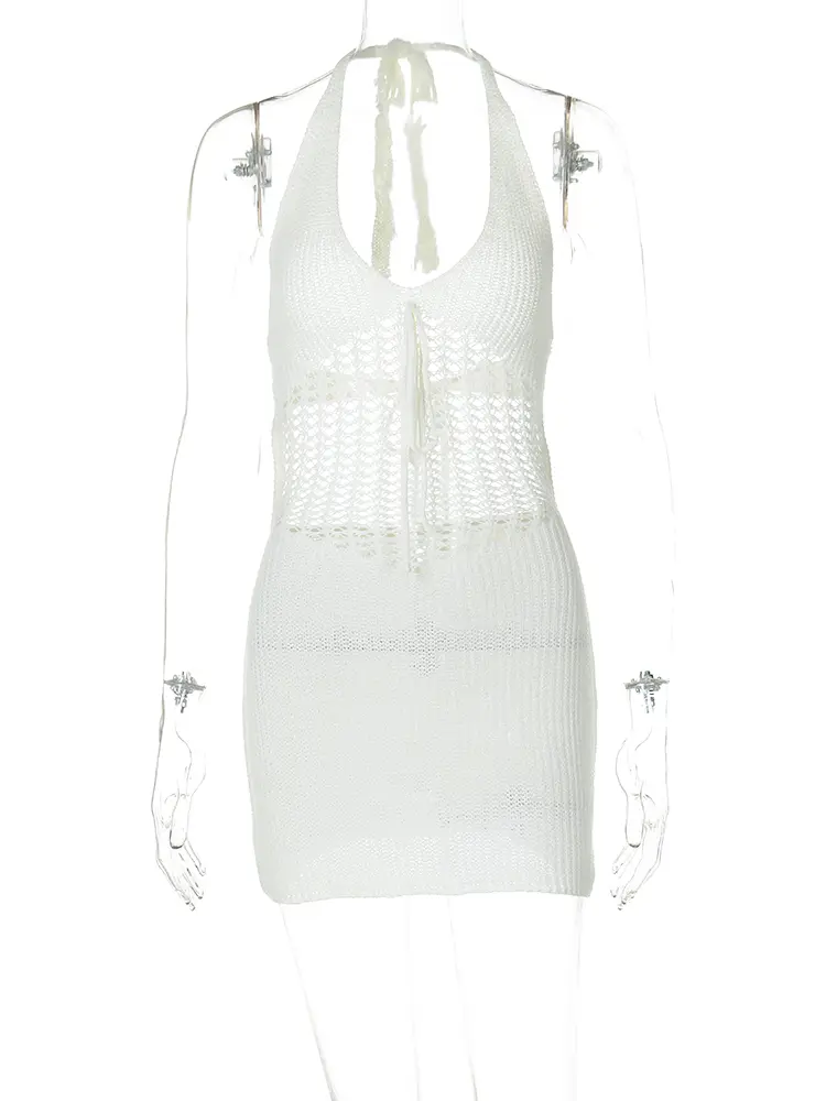 Hugcitar 2024 Knitted Halter Sleeveless Backless Cut Out Bandage See Through Mini Dress Women Fashion Outfit Beach Vacation Club