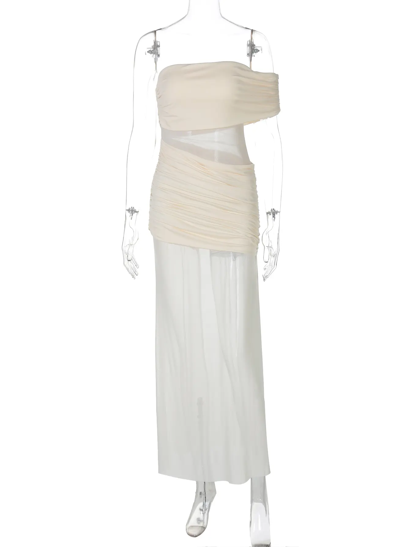 Hugcitar Fashion One Shoulder Ruched Sexy Patchwork Lace Solid Sheer Slim Maxi Dress Summer Women Beach Vacation Y2K Outfit Club