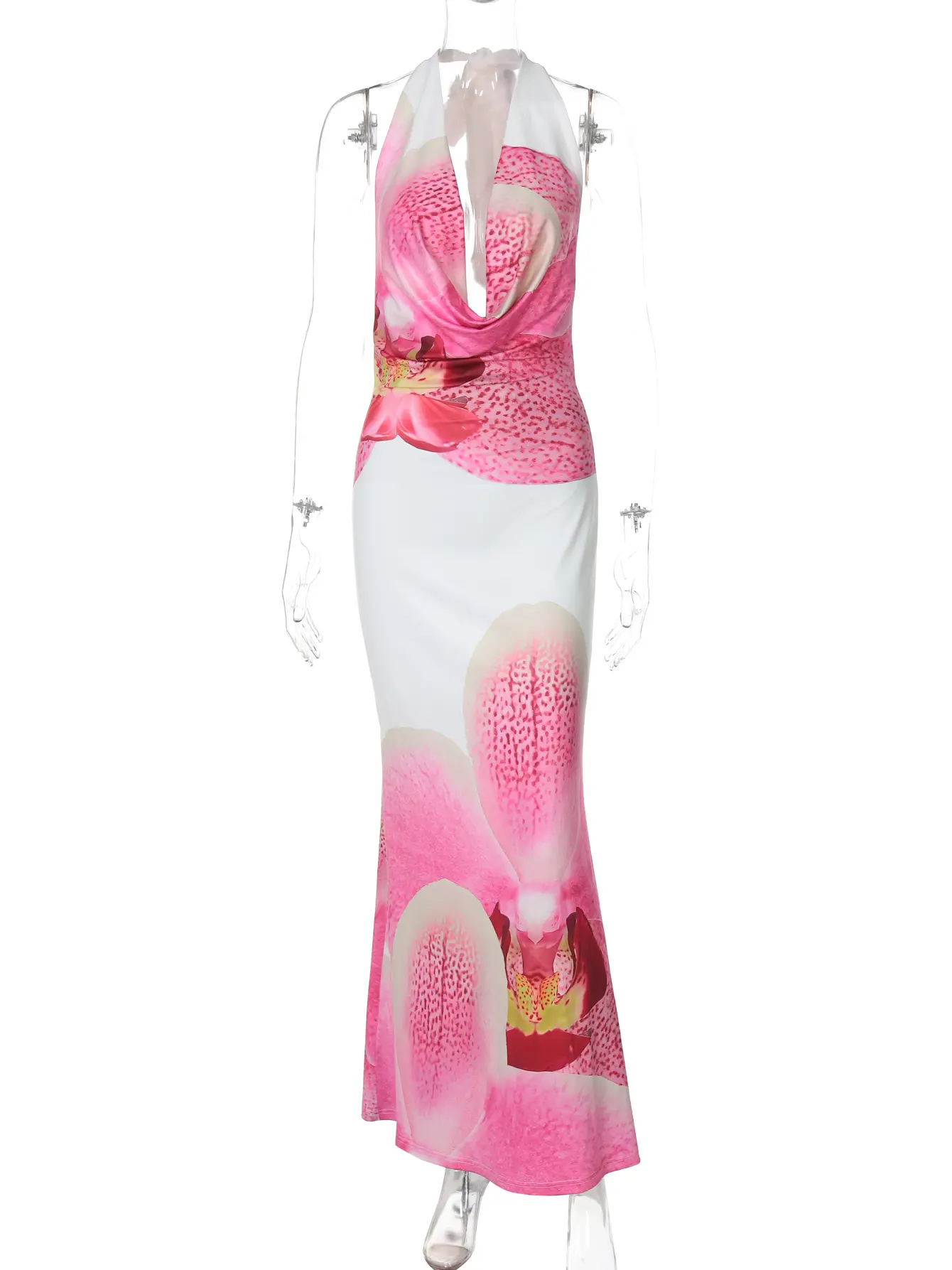 Hugcitar Floral Print Halter Swing Collar Backless Bandage Sexy Maxi Dress Summer Women Fashion Outfits Beach Festival Club