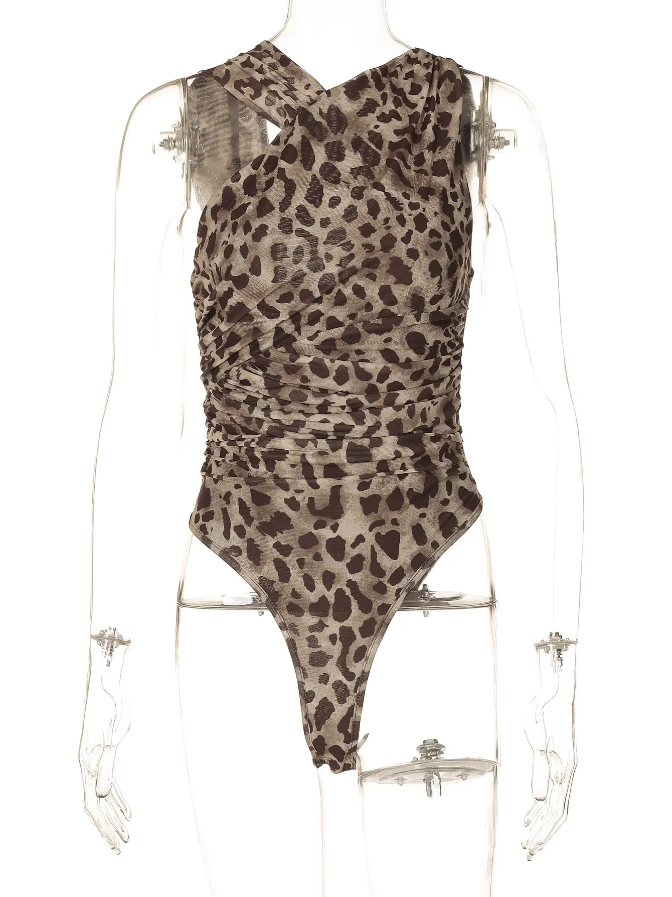 Hugcitar Fashion Mesh Leopard Print Sleeveless Backless Hollow Out Draped Sexy Bodycon Bodysuit Women Y2K Romper Vacation Club