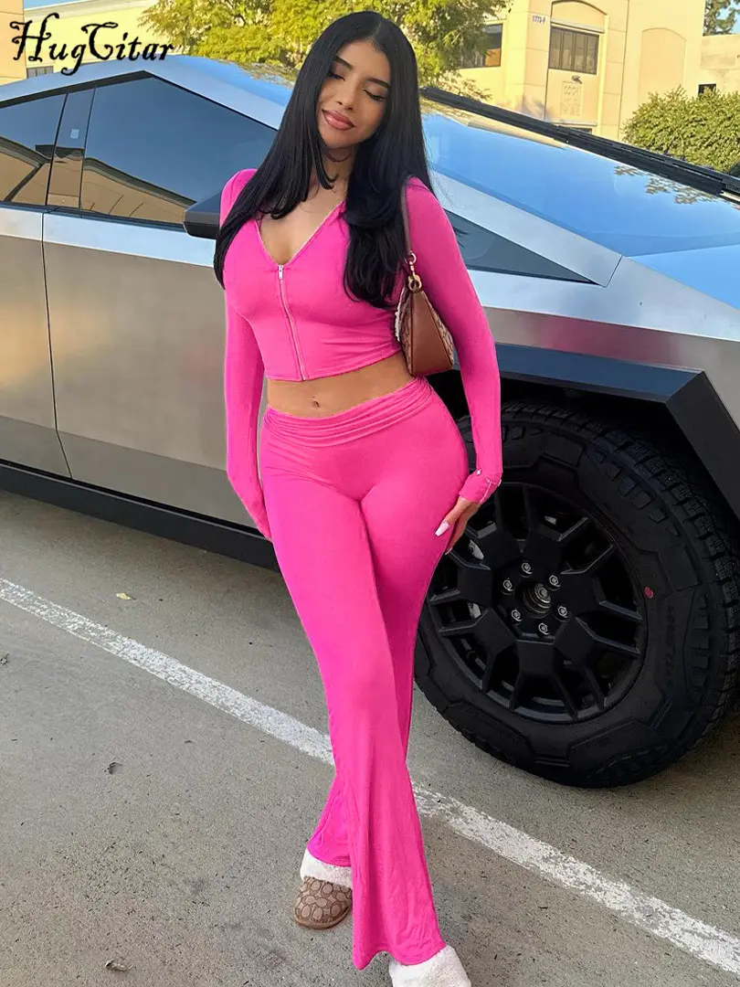 Hugcitar 2024 Casual 2 Pcs Sets Solid Hoodies Long Sleeve Zipper Crop Top Flare Pants Women Fashion Outfits Vacation Sport Gym