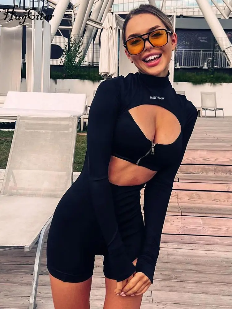 Hugcitar Turtleneck Long Sleeves Letter Print Zip Up Hollow Out Sexy Bodycon Playsuit 2024 Fall Casual Romper Women Streetwear