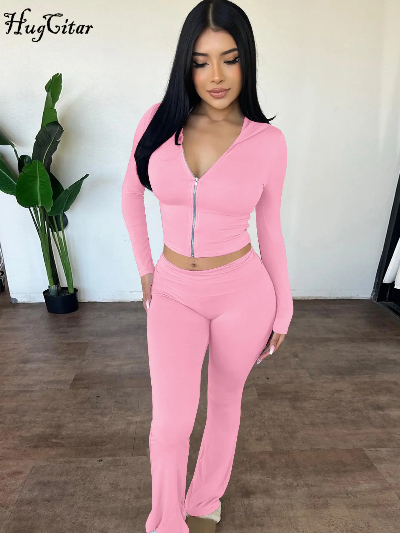 Hugcitar 2024 Casual 2 Pcs Sets Solid Hoodies Long Sleeve Zipper Crop Top Flare Pants Women Fashion Outfits Vacation Sport Gym