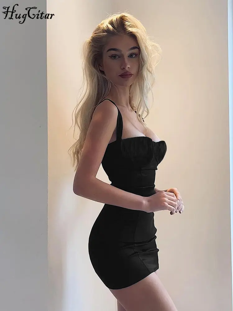 Hugcitar Elegant Solid Straps Backless Ruched Zip Up Sexy Slim Mini Prom Dress Summer Women Y2K Clothes Wedding Birthday Party