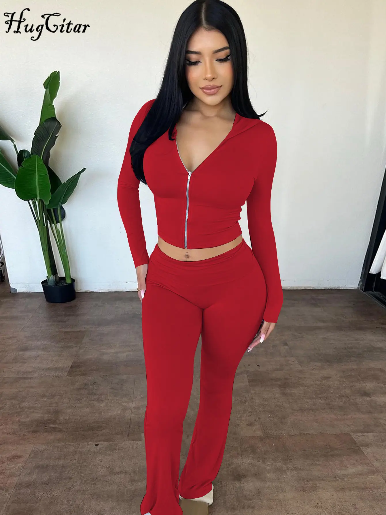 Hugcitar 2024 Casual 2 Pcs Sets Solid Hoodies Long Sleeve Zipper Crop Top Flare Pants Women Fashion Outfits Vacation Sport Gym