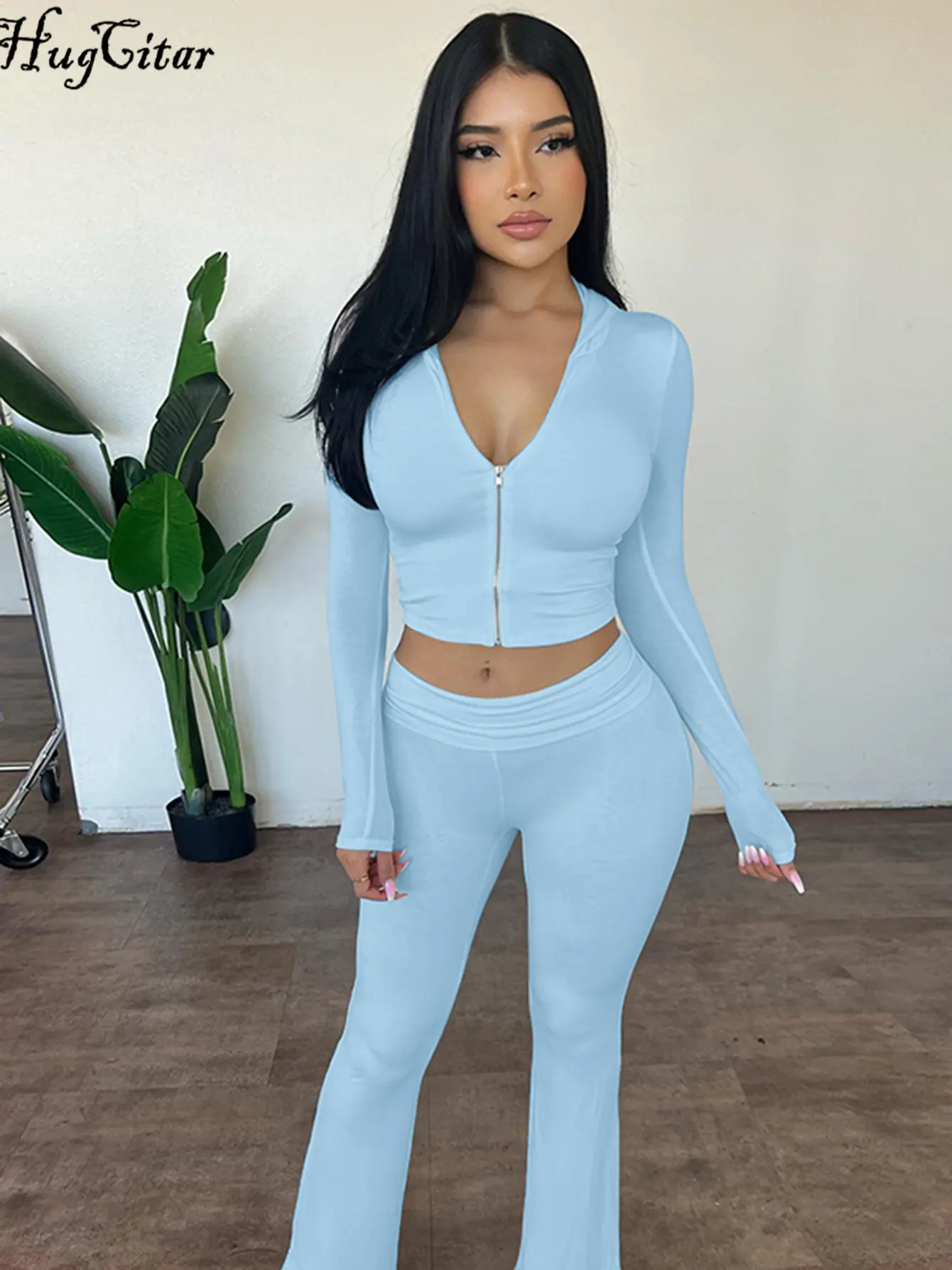 Hugcitar 2024 Casual 2 Pcs Sets Solid Hoodies Long Sleeve Zipper Crop Top Flare Pants Women Fashion Outfits Vacation Sport Gym